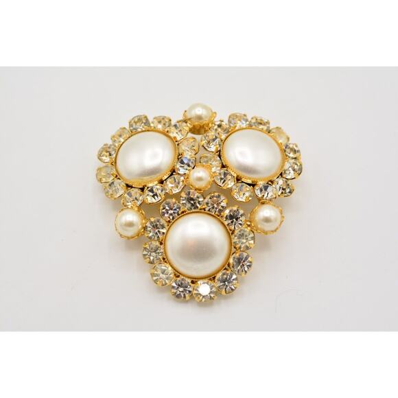 Vintage Crystal Pin Brooch Pearl Prong Cluster Gold Rhinestone Chunky 80s BinAC - Picture 4 of 12